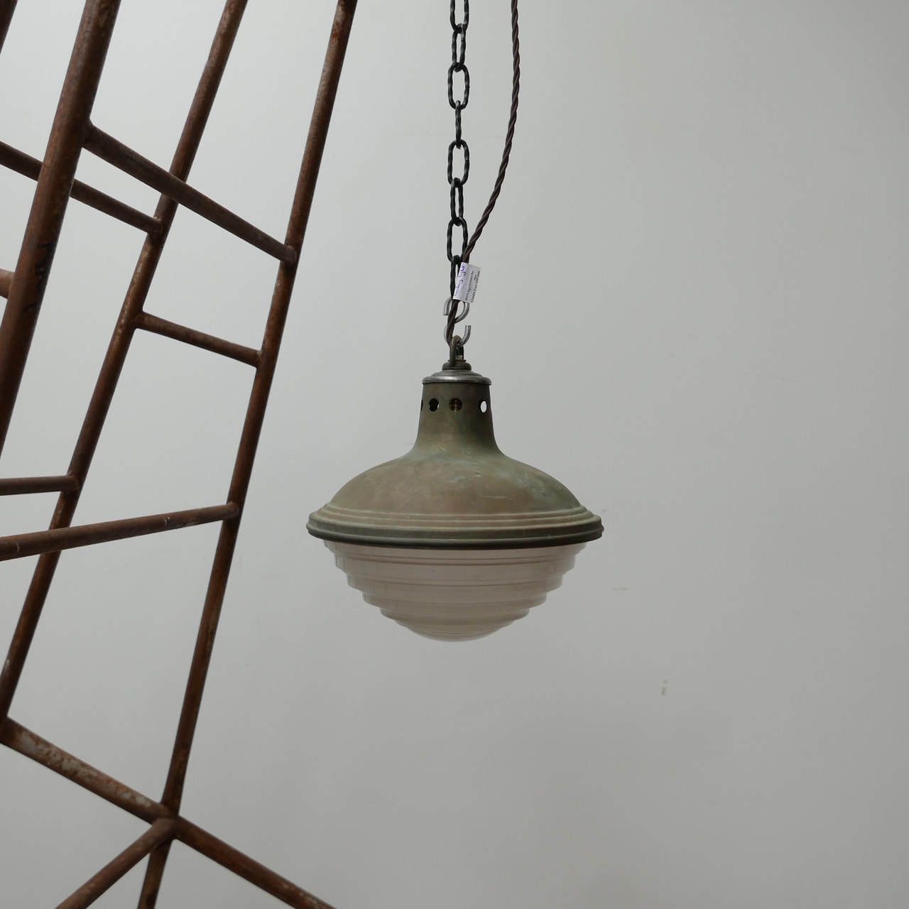 Patinated Metal And Glass Holophane Pendant Lights (3) photo vintage