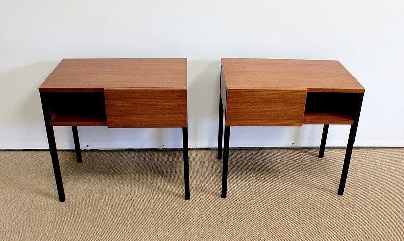 Pair Of Teak Bedside Tables Or Ends Of Sofa, Minvielle Taste, 1960s
