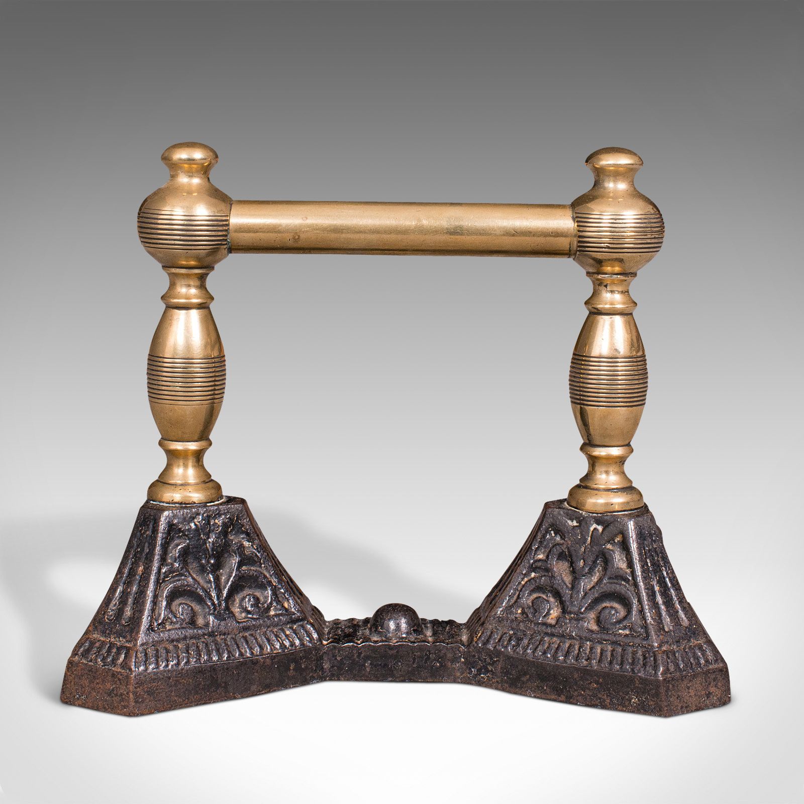 Pair Of Antique Fireside Tool Rests, English, Brass, Iron, Fire Dog, C.1880 photo for sale