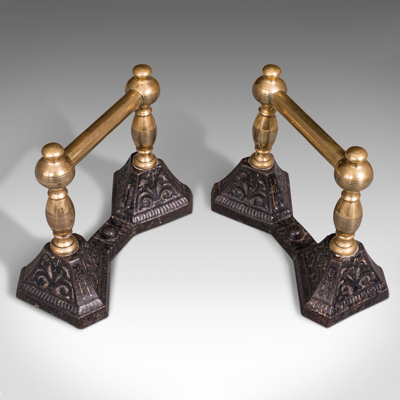 Pair Of Antique Fireside Tool Rests, English, Brass, Iron, Fire Dog, C.1880 photo vinterior