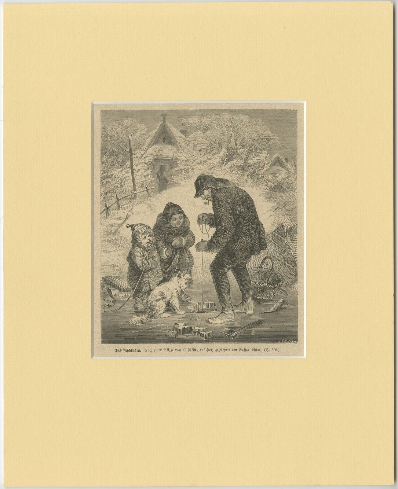 Antique Print Of Ice Fishing (C.1900)