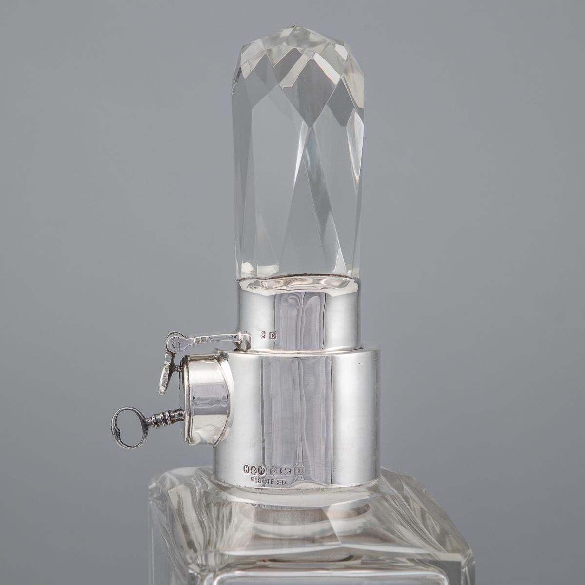 20th Century English Solid Silver & Glass Spirit Decanter With Lock & Key C.1928 photo vintage