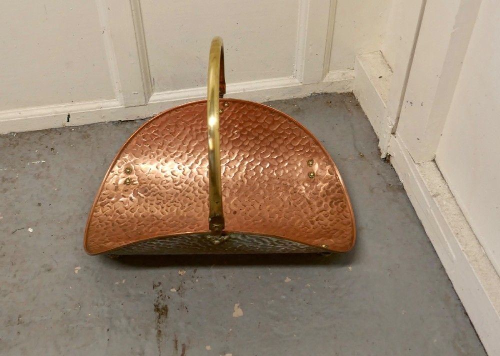 Art And Crafts Beaten Copper Log Carrier photo for sale