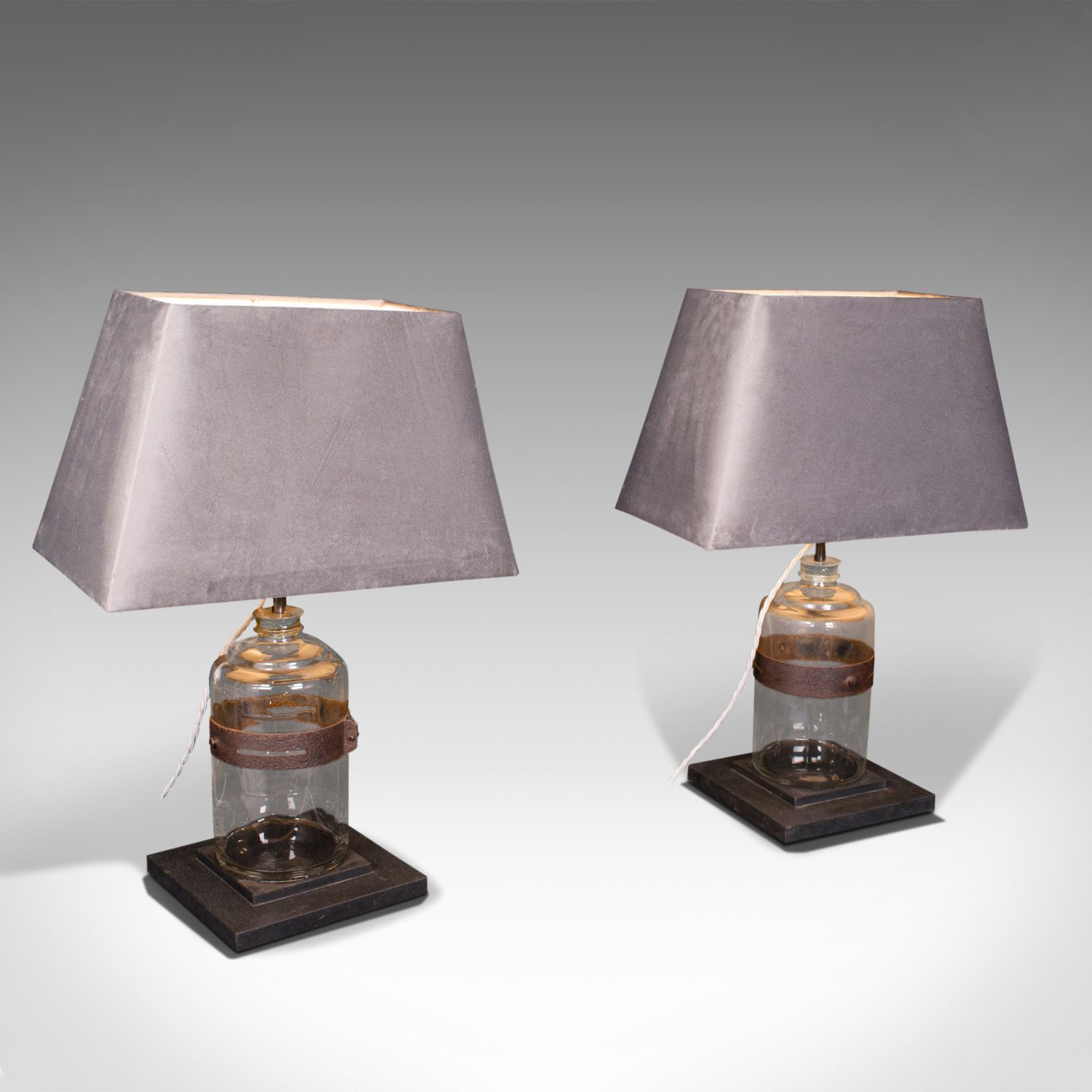 Pair Of, Antique Jar Lamps, English, Glass, Slate, Side Light, C.1900