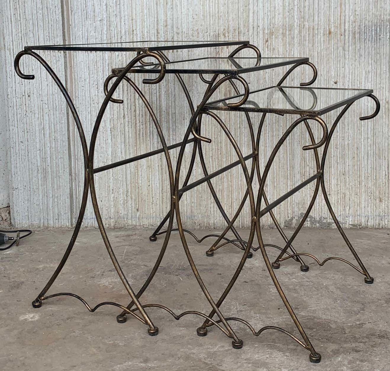 Midcentury Scrolling Iron Patio Nesting Side Tables With Glass Tops, Set Of 3 photo furniture