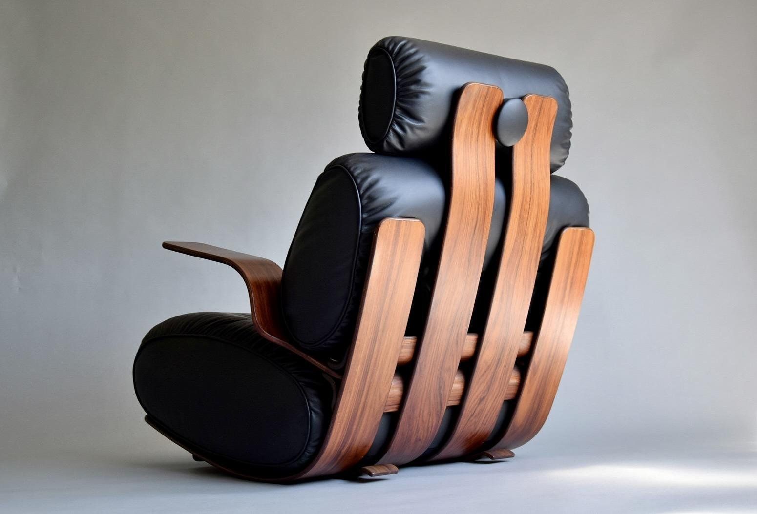 French Rocking Chair In Plywood And Leather 1970s