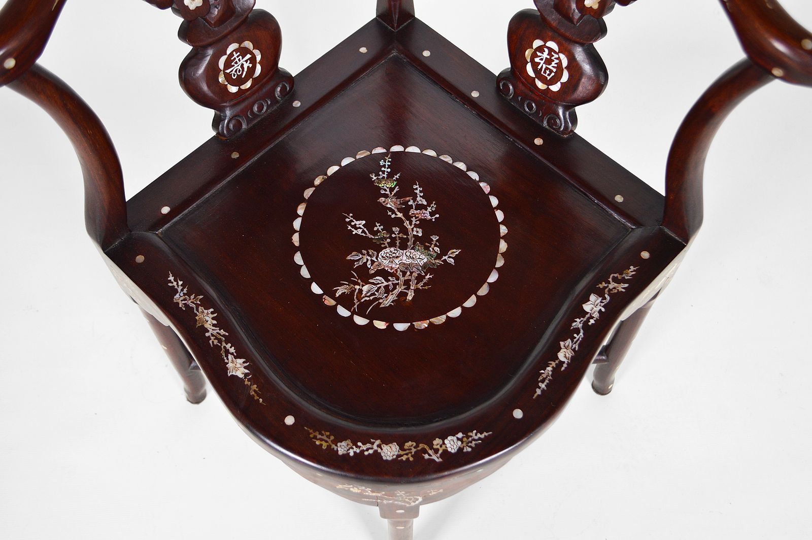 photo vintage Asian Carved Inlaid Wood Armchairs, Early 20th Century, Set Of 4