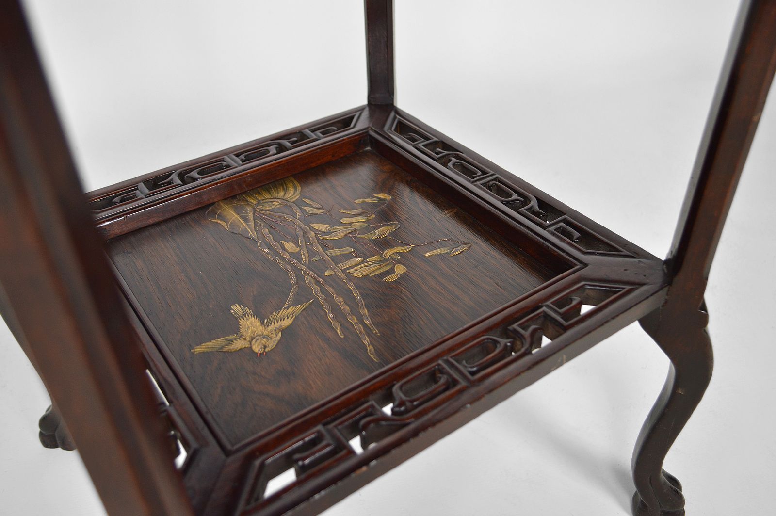 French Japonism Carved Wood & Lacquered Panels Side Table, 1880s photo vintage