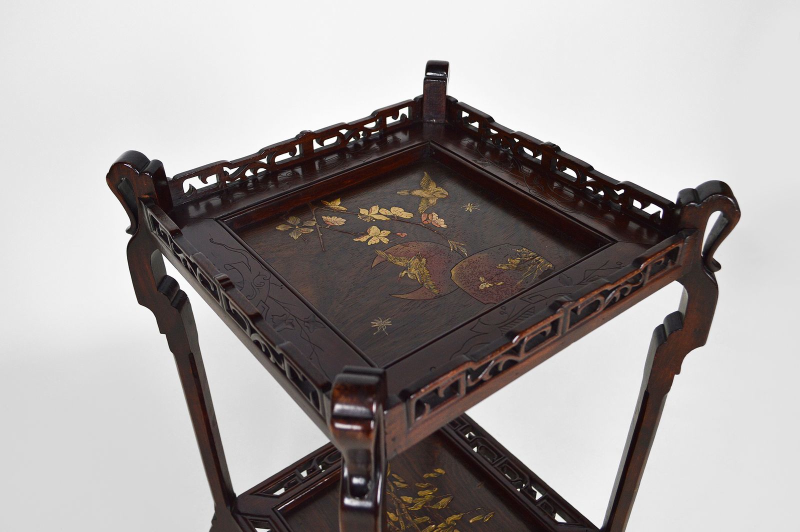 Furniture French Japonism Carved Wood & Lacquered Panels Side Table, 1880s photo