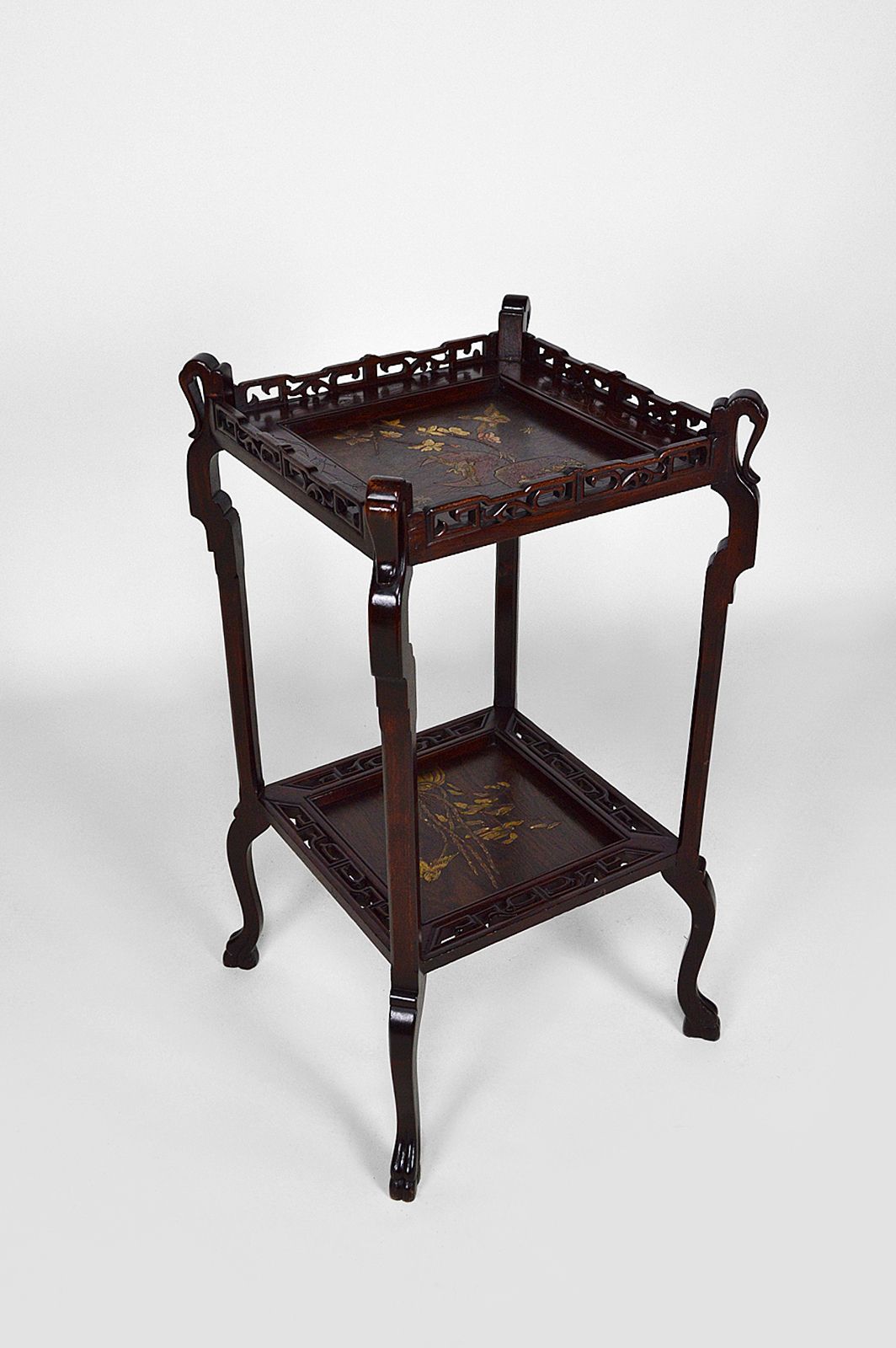 photo vintage French Japonism Carved Wood & Lacquered Panels Side Table, 1880s