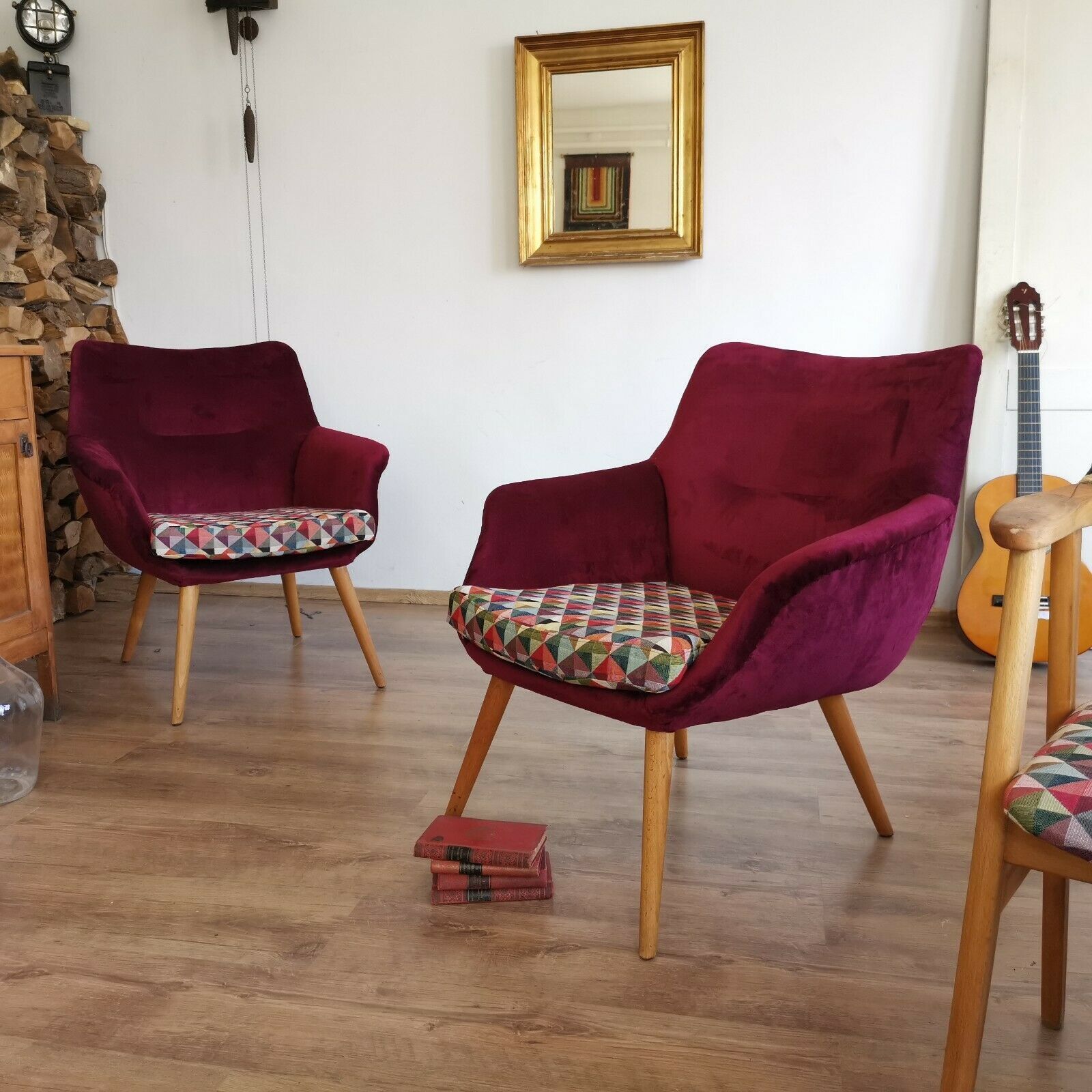 Set Of 2 Upholstered Mid Century Burgundy Geometric Armchair 1950’s photo furniture