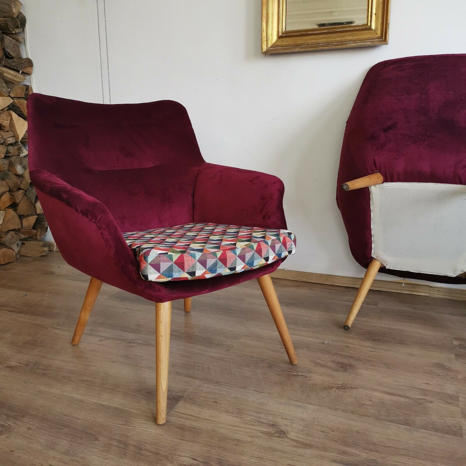 Set Of 2 Upholstered Mid Century Burgundy Geometric Armchair 1950’s photo Furniture