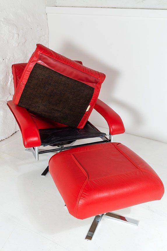 Mid Century Pieff Red Leather Tubular Chrome Swivel Chair With Footstool Ottoman photo vintage