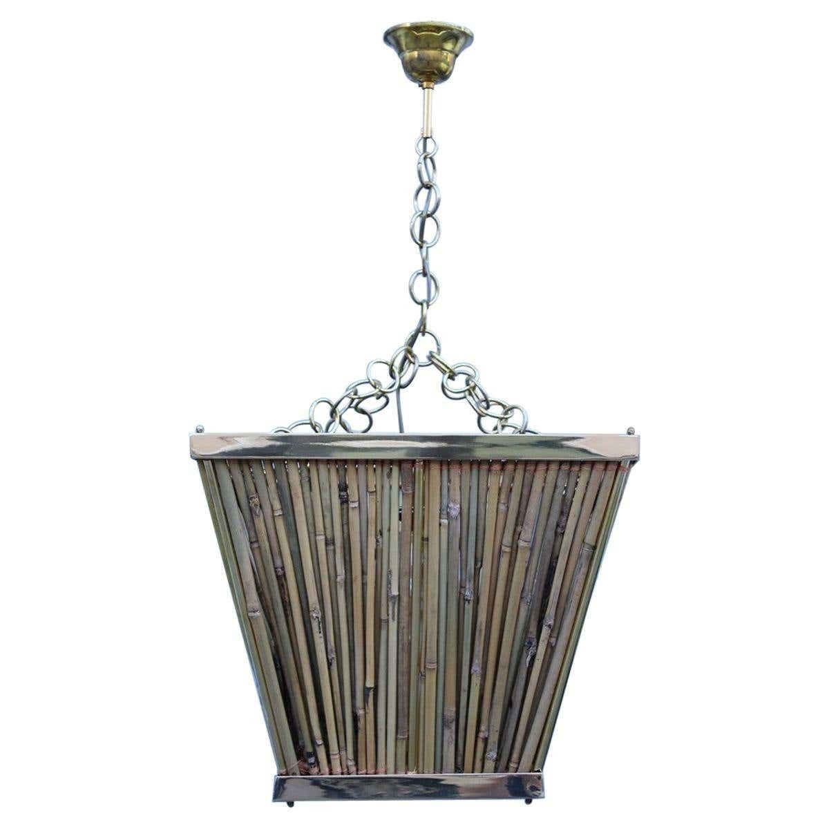 Italian Naturalistic Lantern Chandelier 1970s Bamboo Brass Gold Crespi Style