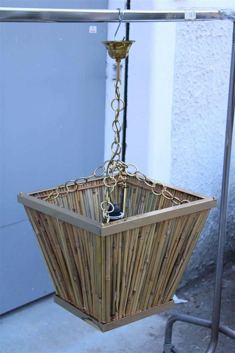 Italian Naturalistic Lantern Chandelier 1970s Bamboo Brass Gold Crespi Style photo vintage