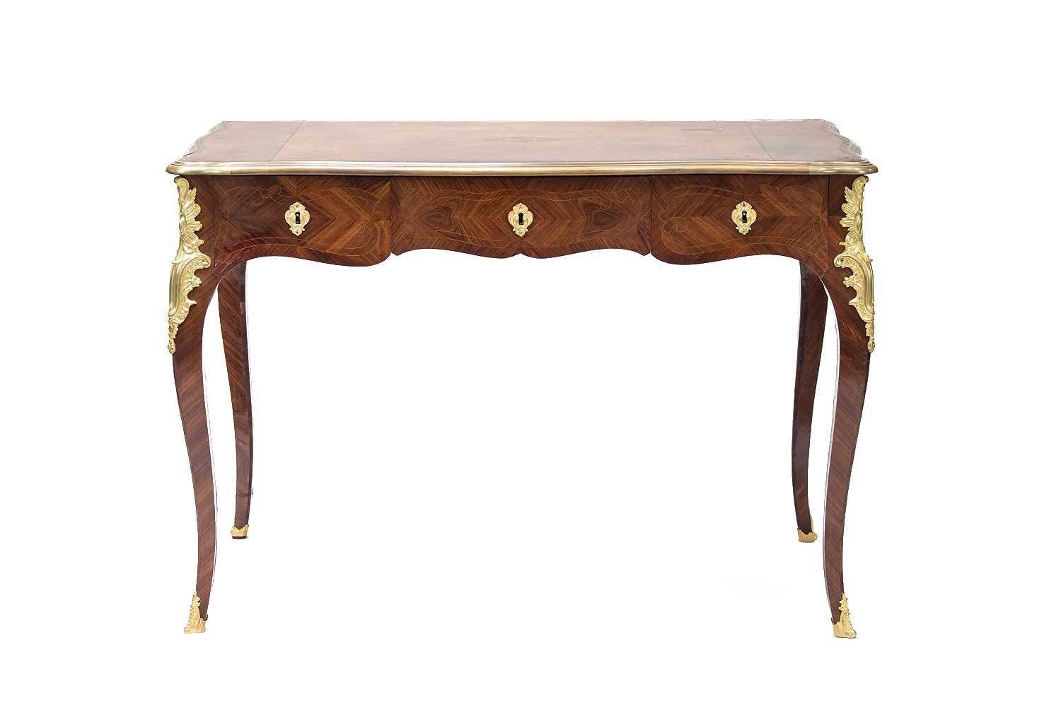 Small Louis XV Style Flat Desk In Violet Wood Marquetry, Circa 1880