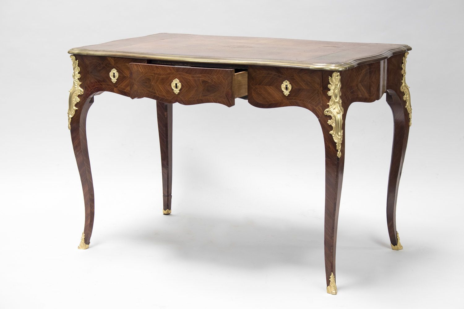 Small Louis XV Style Flat Desk In Violet Wood Marquetry, Circa 1880 photo for sale