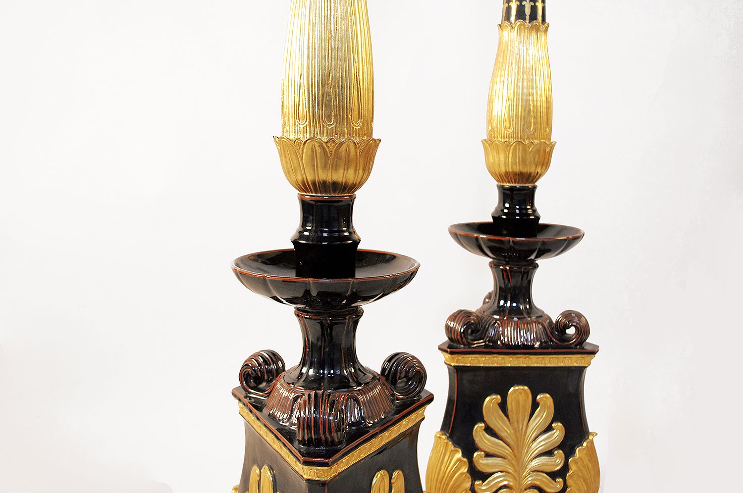 Pair Of Restoration Style Torches In Black And Gilded Earthenware Circa 1950 photo furniture
