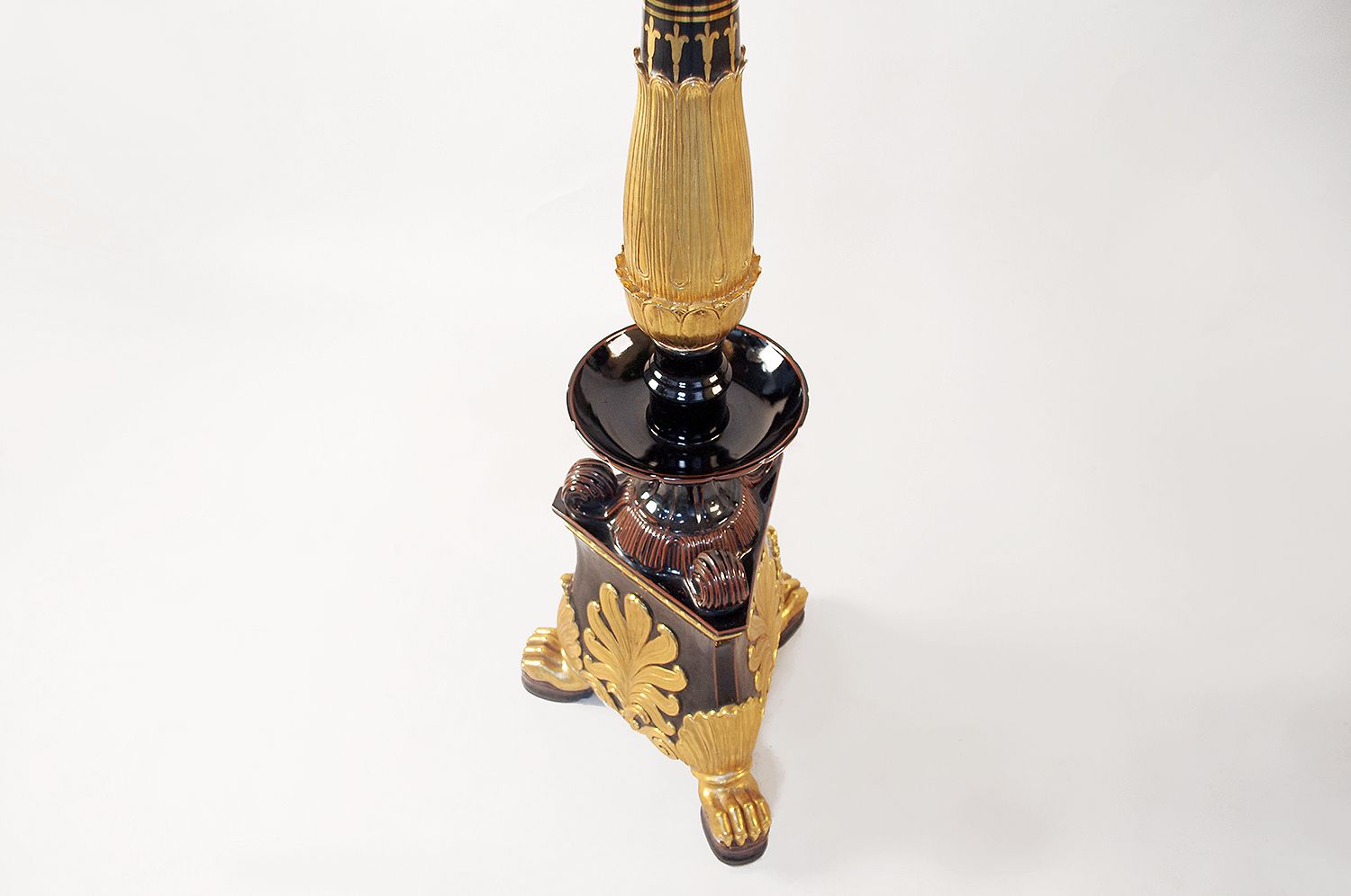 Pair Of Restoration Style Torches In Black And Gilded Earthenware Circa 1950 photo for sale