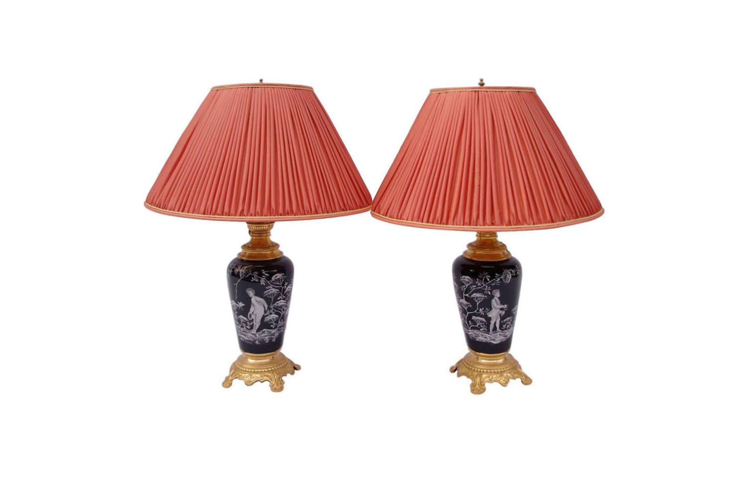 Pair Of Black Opaline Lamps, White Enamelled Decor, Late 19th Century