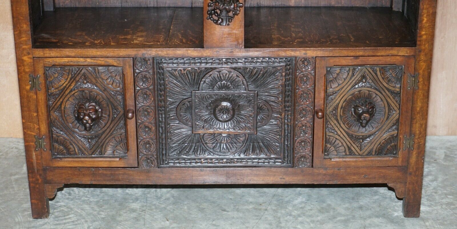 Large Heavily Carved Bookcase Cupboard With Ornate Cherub Putti & Lion Figures photo buy