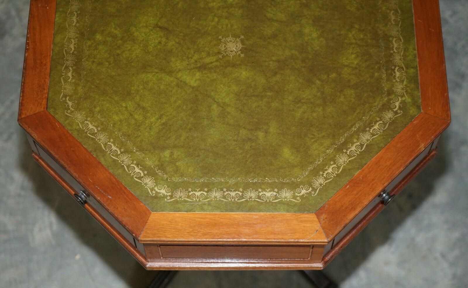 Nice Regency Style Mahogany Green Leather Side End Lamp Wine Drum Table Drawers photo vinterior