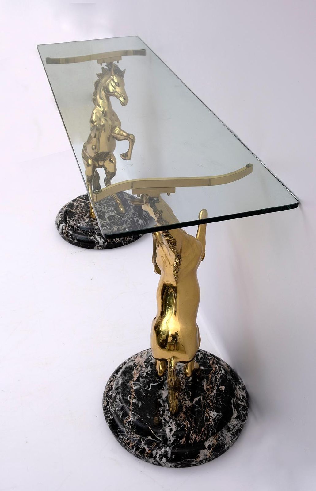 Mid Century Modern Italian Brass Horses And Marble Bases Console Table, 1970s photo buy