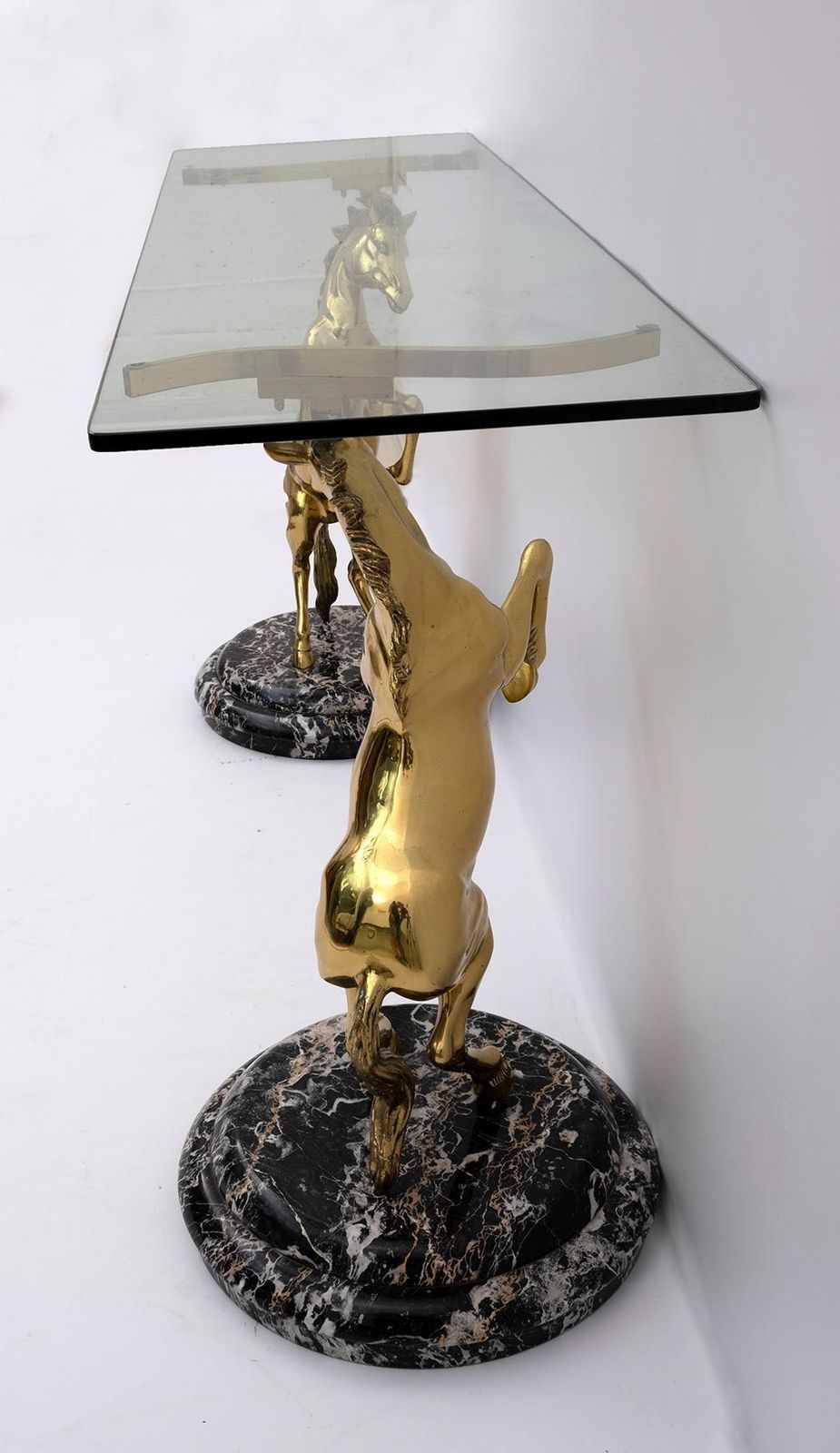 photo furniture Mid Century Modern Italian Brass Horses And Marble Bases Console Table, 1970s