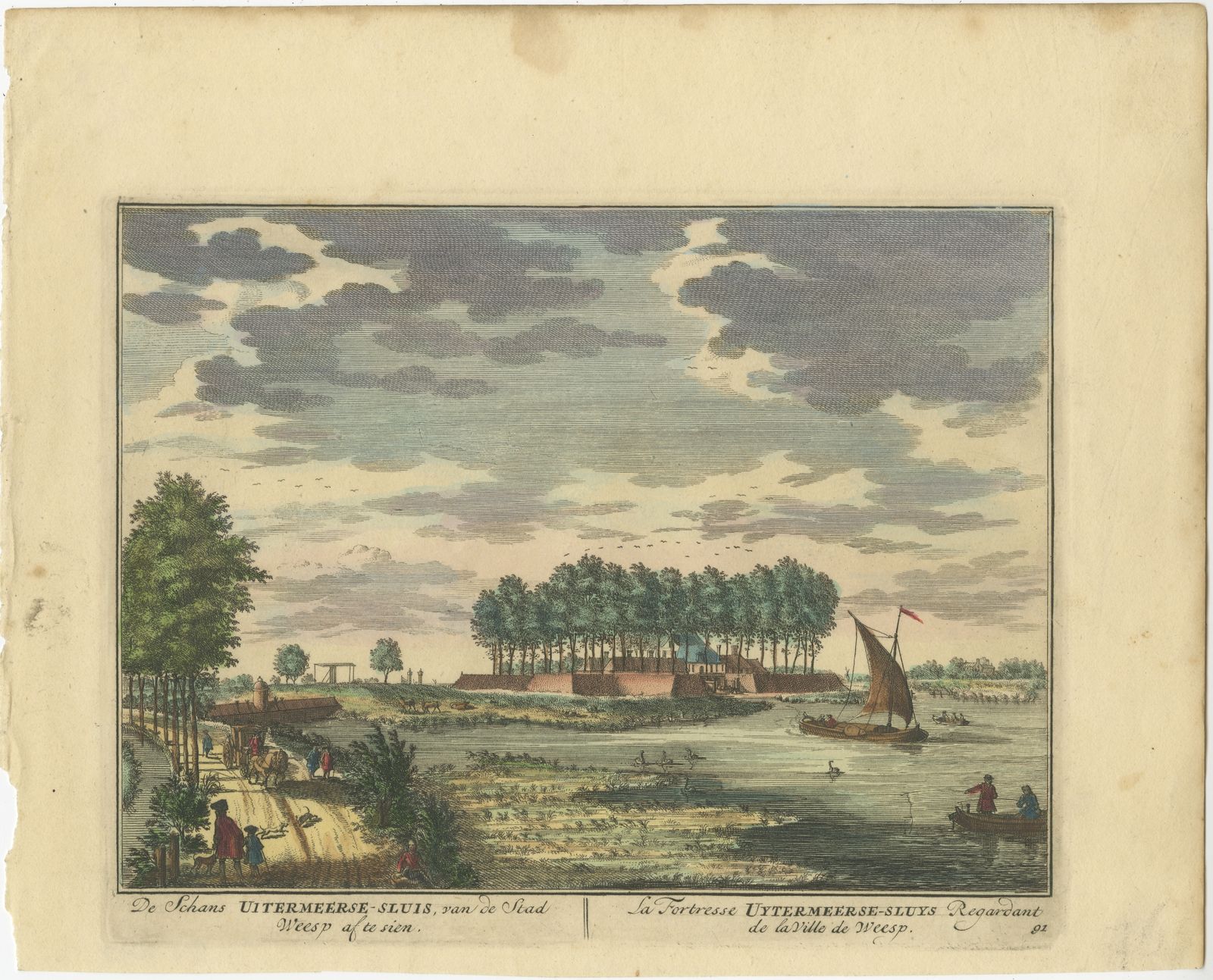 Antique Print Of The Uitermeersesluis Fortress Seen From Weesp By Stoopendaal (1719)
