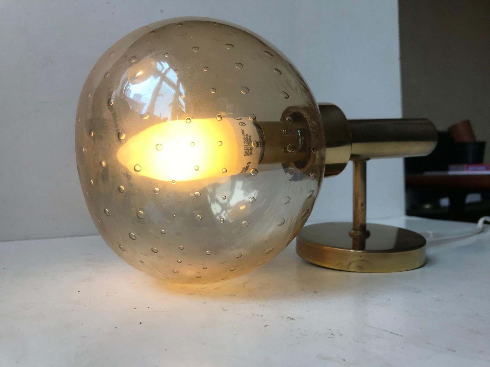 Scandinavian Brass & Bubble Art Glass Wall Sconce By Vitrika 1970s photo for sale