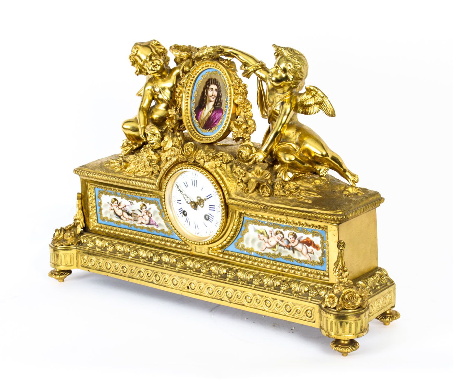 Antique French Gilt Bronze Clock With Portrait Plaque Of Molière C.1860 photo furniture