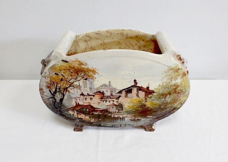 Painted Ceramic Planter, Signed E Gilles 19th photo furniture