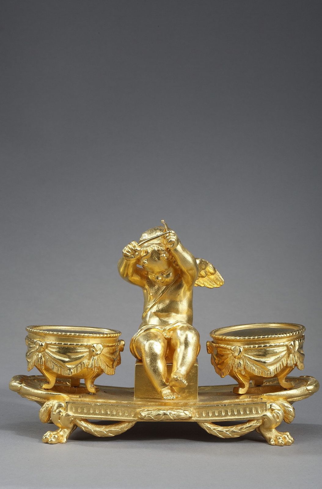 Gilt Bronze Inkwell, "L'amour Timbalier", Louis XVI Style