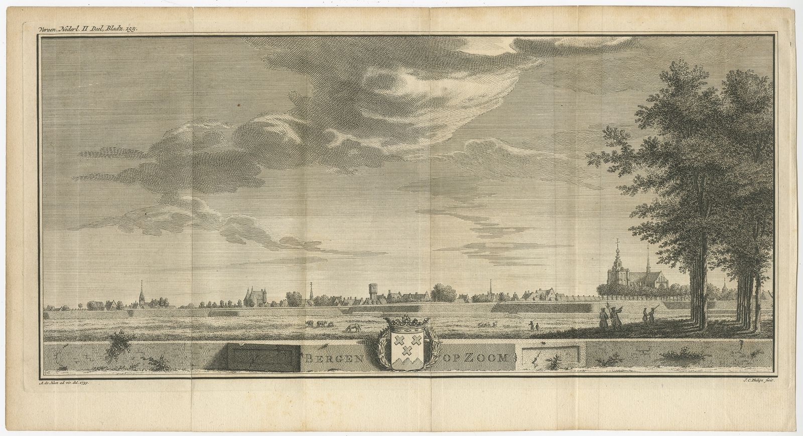 Antique Print Of The City Of Bergen Op Zoom By Philips (C.1745)