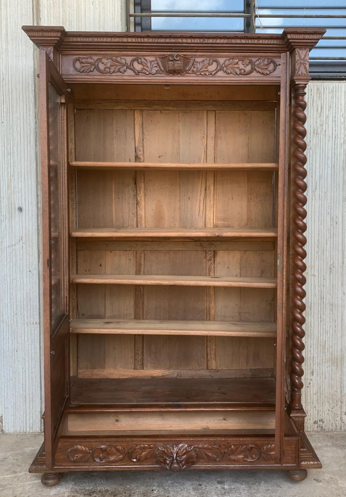 Antique French Carved Oak Vitrine Cabinet Bookcase Barley Twist Renaissance photo for sale
