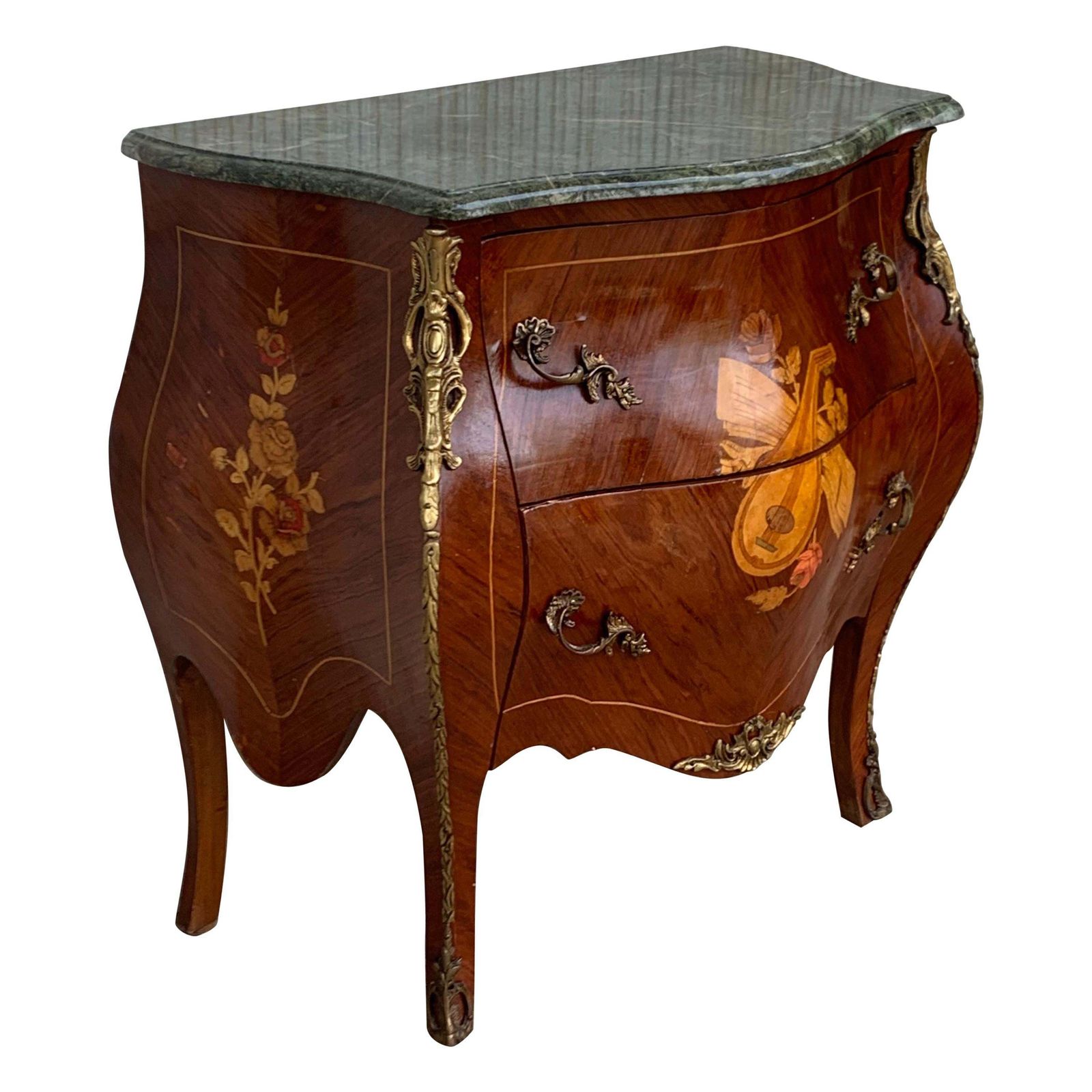 French Louis XV Style Fine Kingwood And Marquetry Ormolu Mounted Bombe Commode
