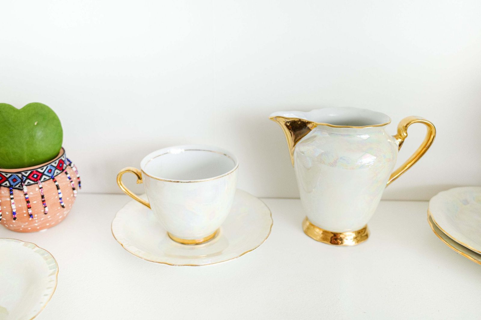 Mid Century Tea Or Coffee Set Pearlescent Lustreware With Gold Rims Set, Made In Czechoslovakia photo furniture