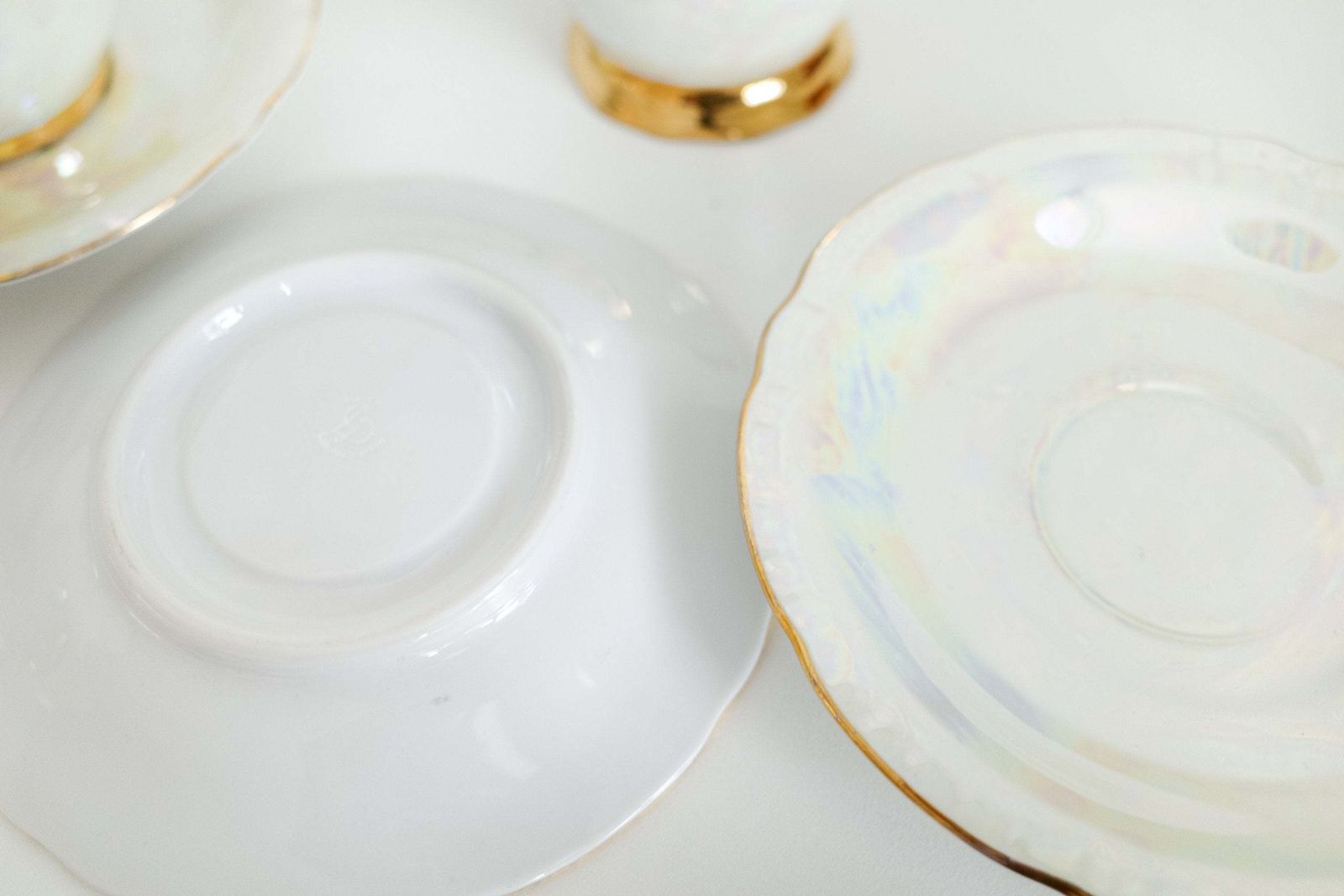 Mid Century Tea Or Coffee Set Pearlescent Lustreware With Gold Rims Set, Made In Czechoslovakia photo buy