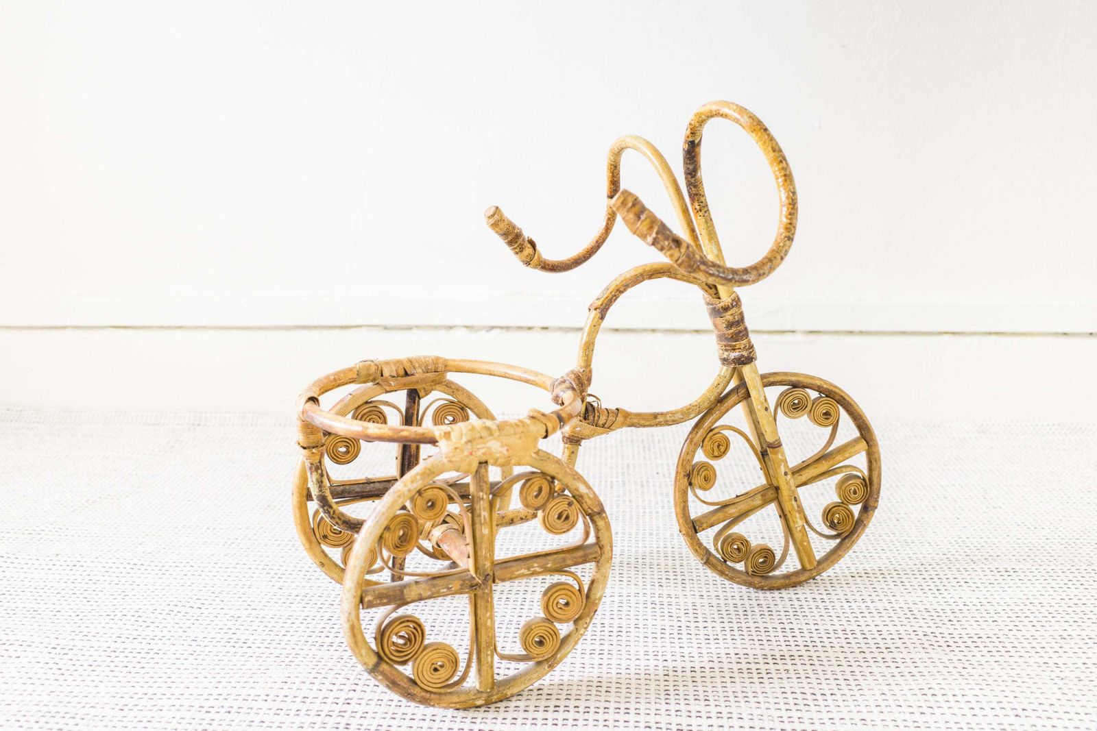 Bamboo Tricycle Planter, Wicker Bicycle Plant Pot Holder, Rattan Plant Stand, Mid Century, Cane Tiki Bohemian Boho photo Home Decor