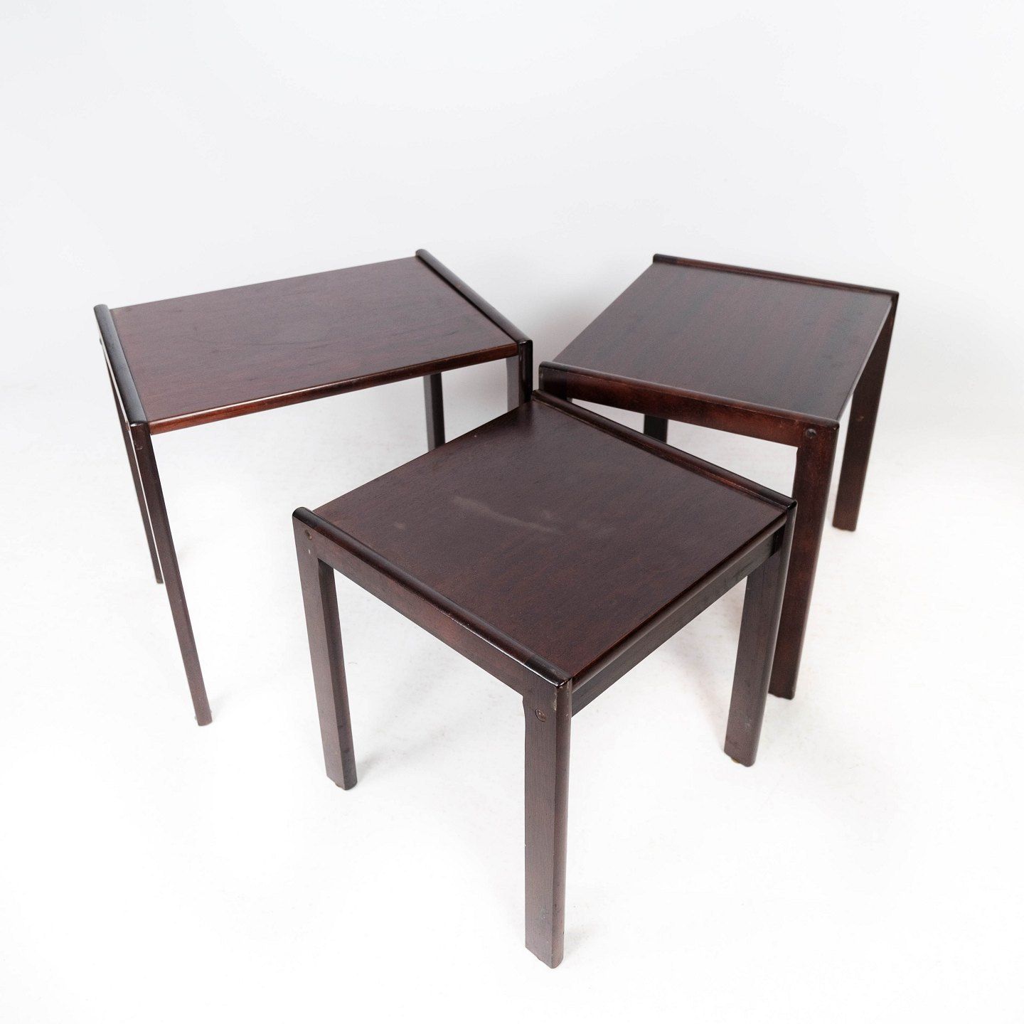 Set Of Insert Tables In Dark Wood Of Danish Design From The 1960s. photo vinterior