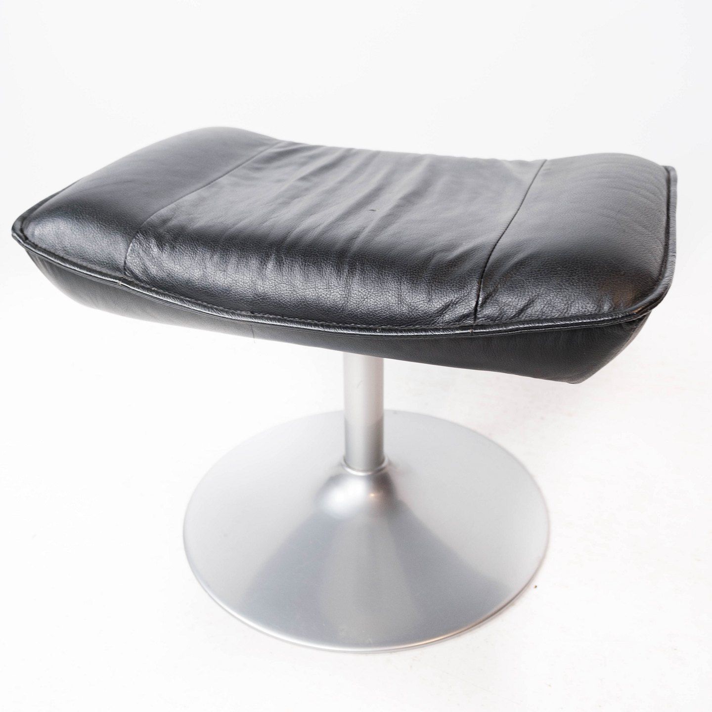 Armchair With Stool Upholstered In Black Leather And Metal Frame, By Danish Design From The 1970s. photo vinterior