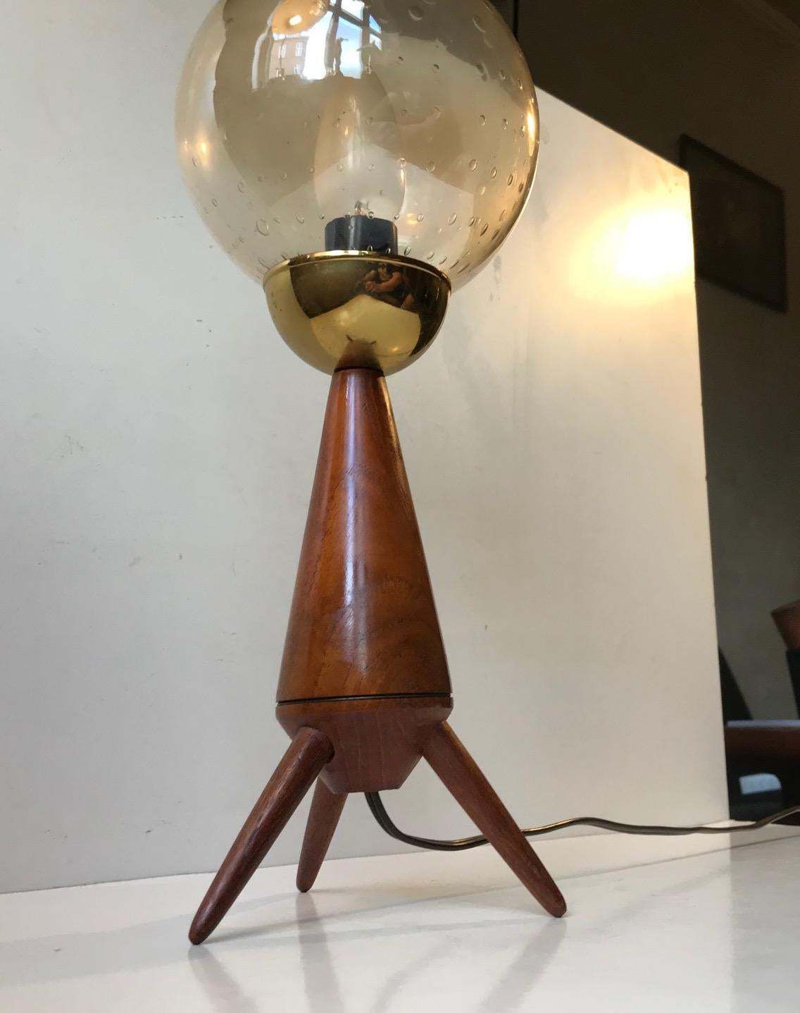 Scandinavian Midcentury Tripod Table Lamp In Teak And Glass 1960s photo for sale