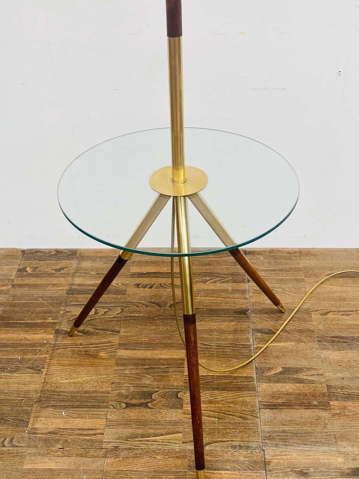 Mid Century Modern French Floorlamp, Wood & Brass And Glass photo for sale