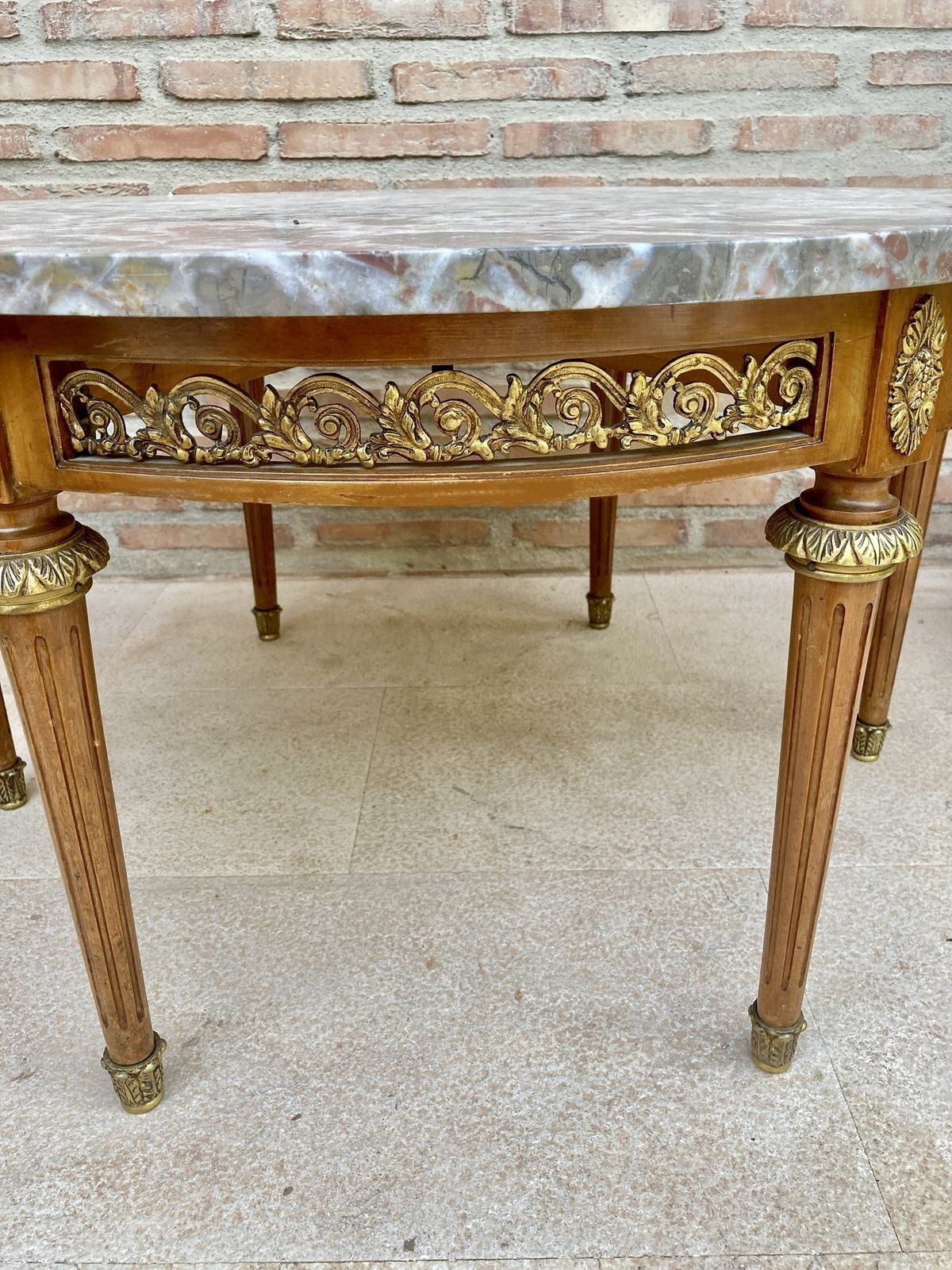 20th Century Louis XVI Style With Bronze And Round Marble French Oak Wood Table photo vintage