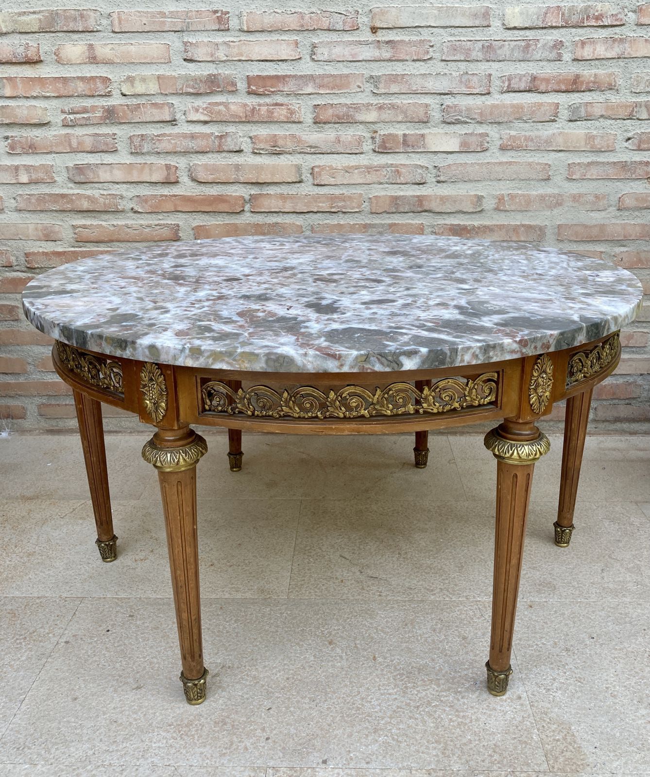 20th Century Louis XVI Style With Bronze And Round Marble French Oak Wood Table