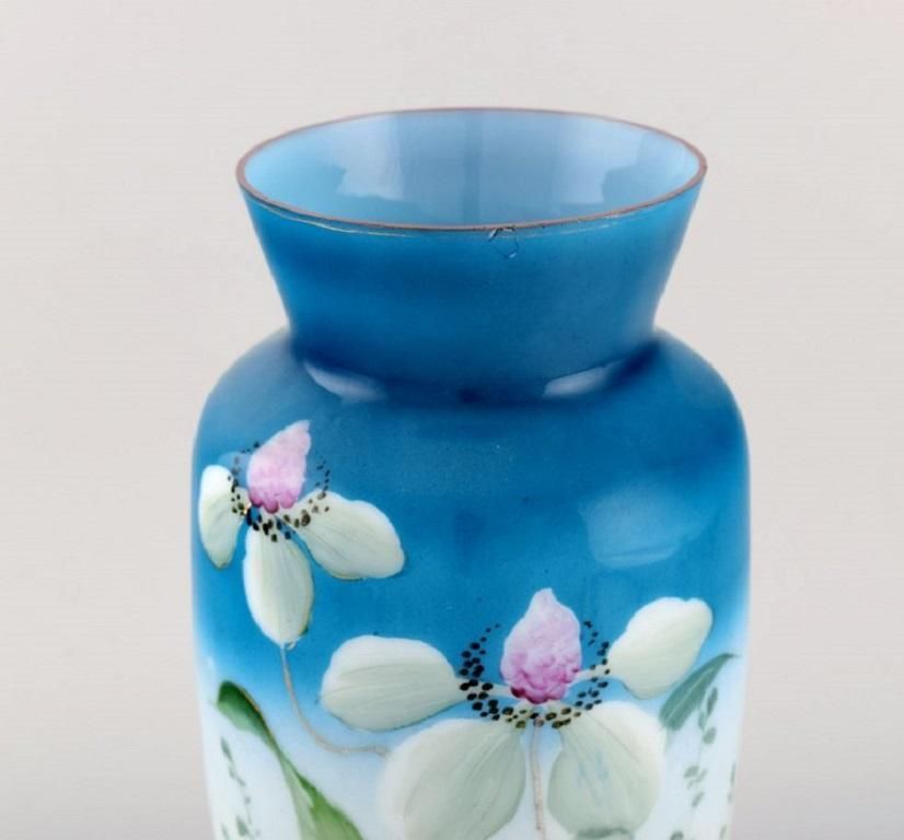 Antique Vase In Mouth Blown Opal Art Glass With Hand Painted Flowers And Foliage