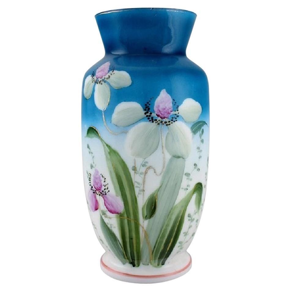 Antique Vase In Mouth Blown Opal Art Glass With Hand Painted Flowers And Foliage photo furniture