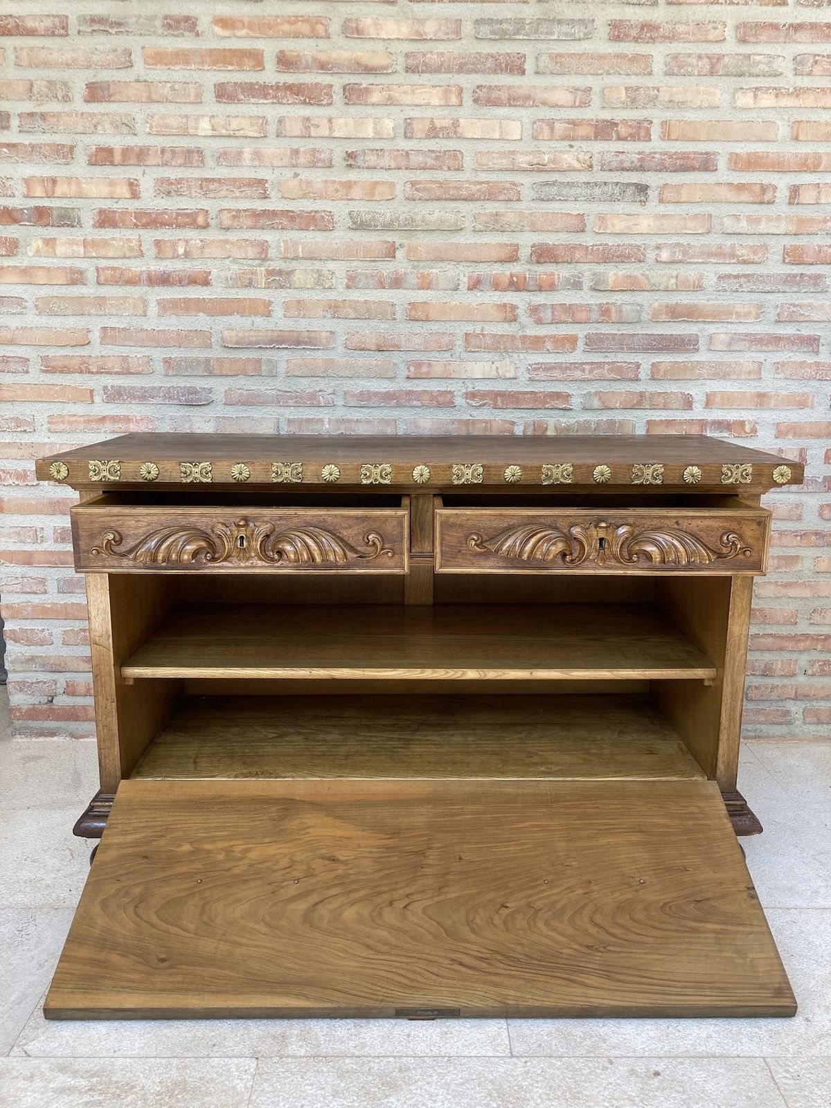 photo for sale Mid 20th  Century Carved Wooden Sideboard With Two Drawers On The Waist And A Lower Door With Gilt Bronze Applications On Lentil Legs