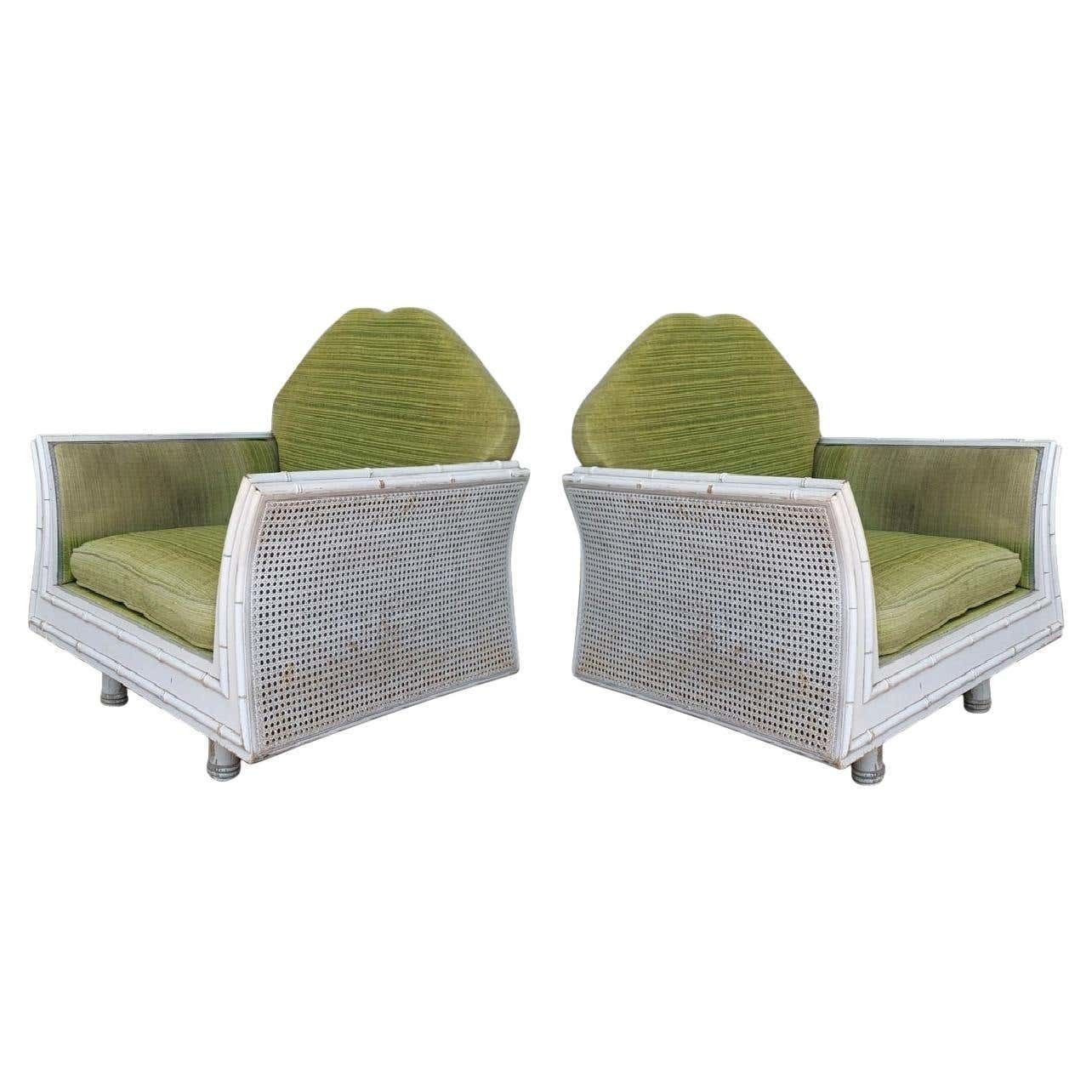Pair Of Hollywood Regency Faux Bamboo Lounge Chairs With Cane Back