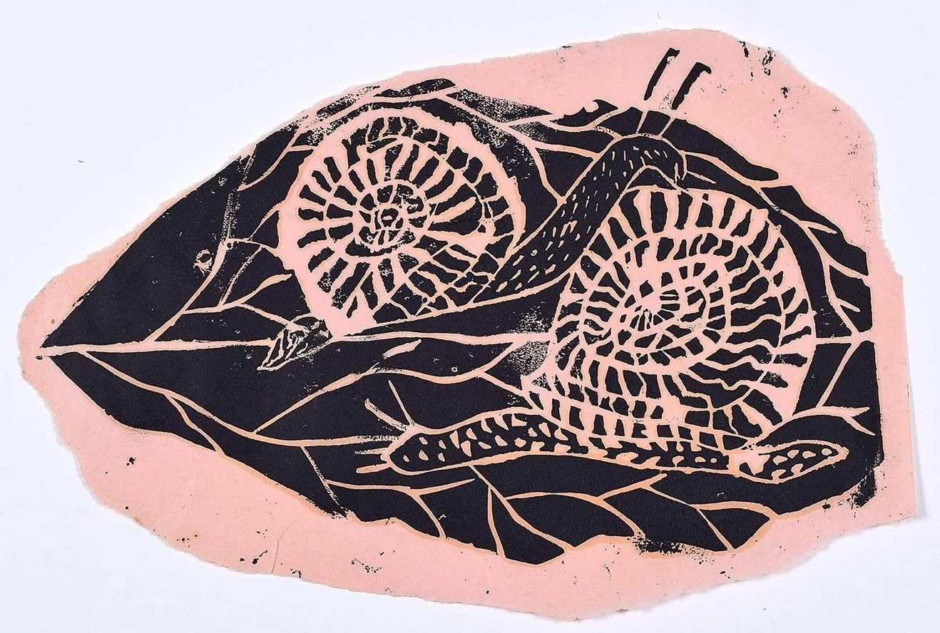 Rosemary Ellis Snail On Leaf Linocut Modern British Art Wildlife Mid Century C. 1950